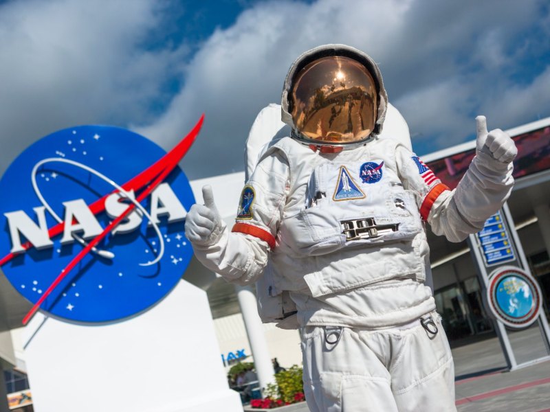 Astronaut vor dem Logo der NASA