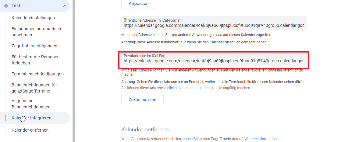 Kopiere die "Privatadresse im iCai-Format" deines Google Kalenders. 