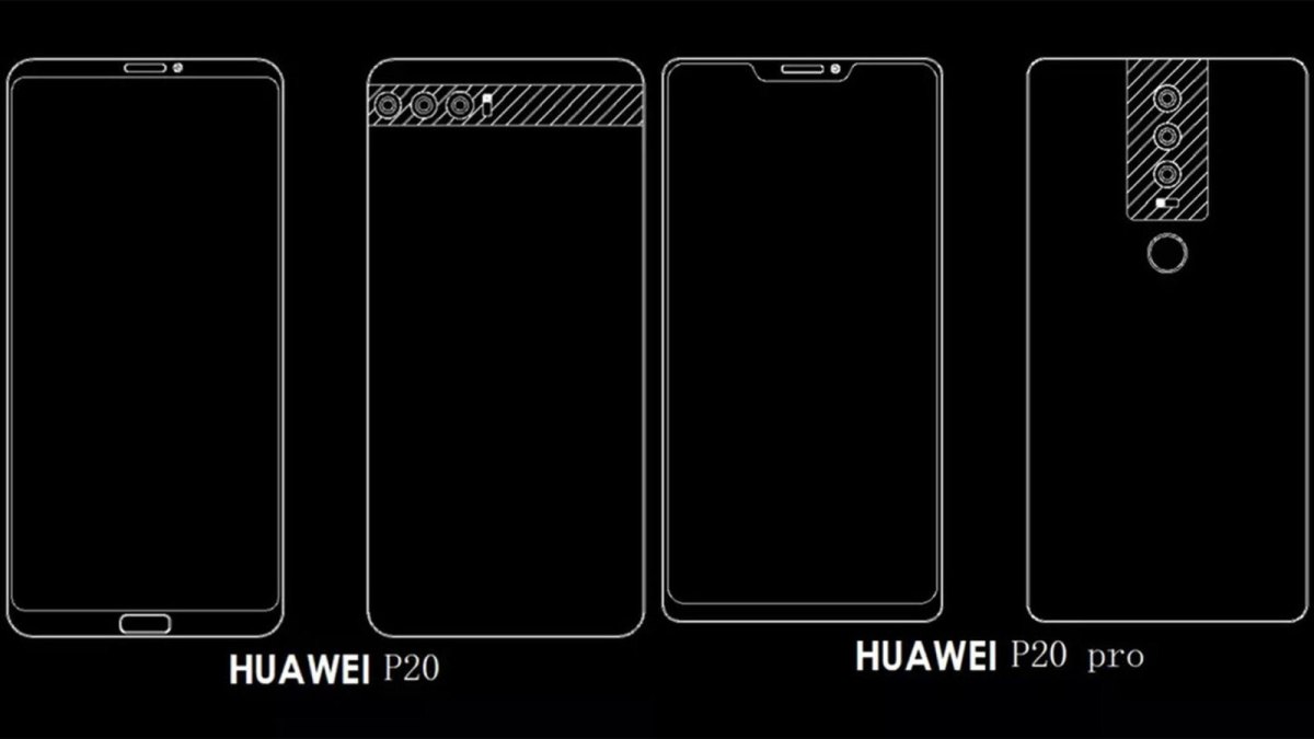 Skizzen des neuen Huawei P20 und P 20 Pro vor schwarzem Hintergrund.