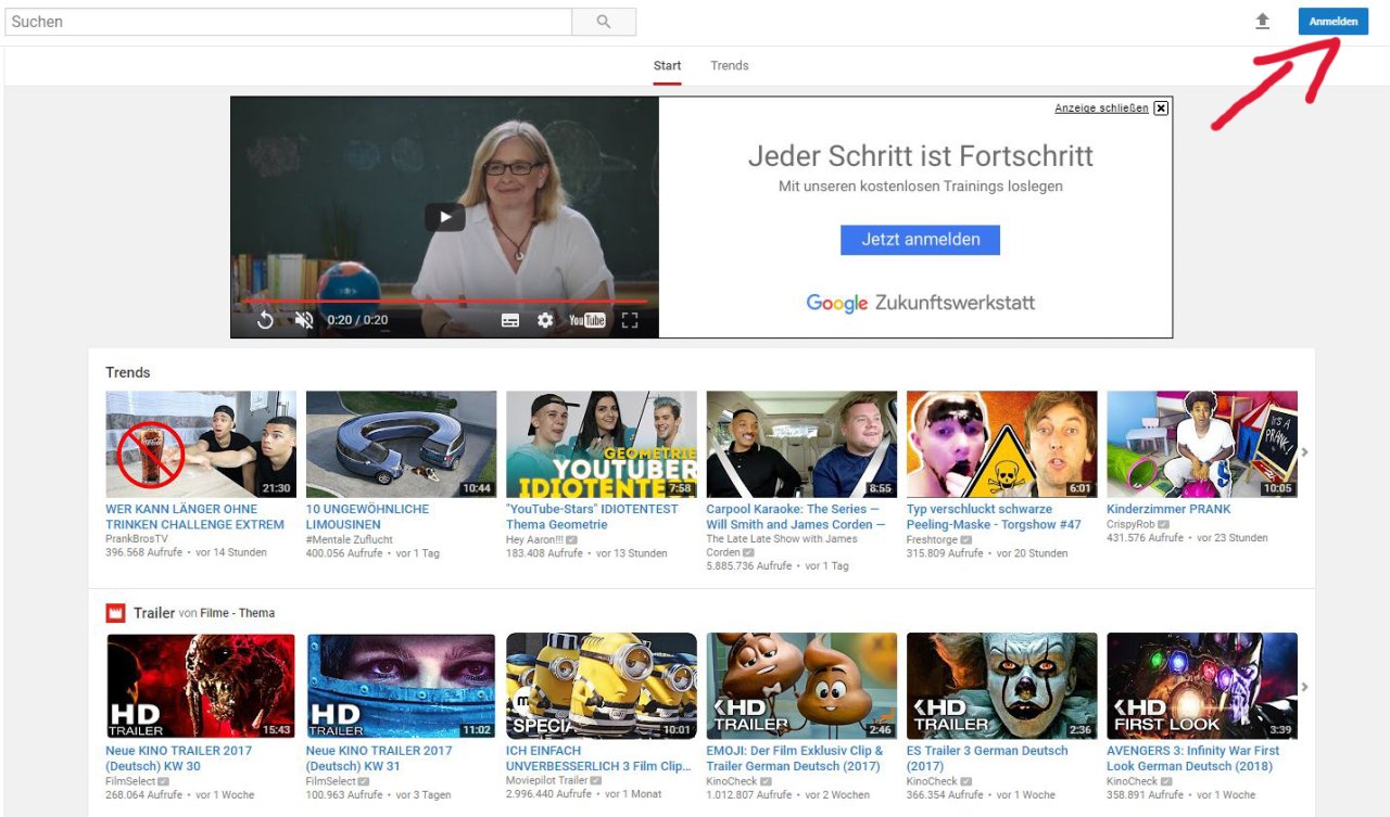 Um damit zu beginnen, einen YouTube-Account zu erstellen, klickt ihr zunächst auf der YouTube-Startseite auf "Anmelden".