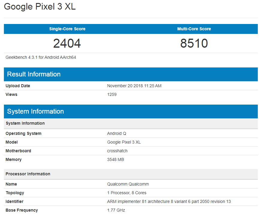 Unter Betriebssystem wird für das Google Pixel 3XL "Android Q" gelistet.