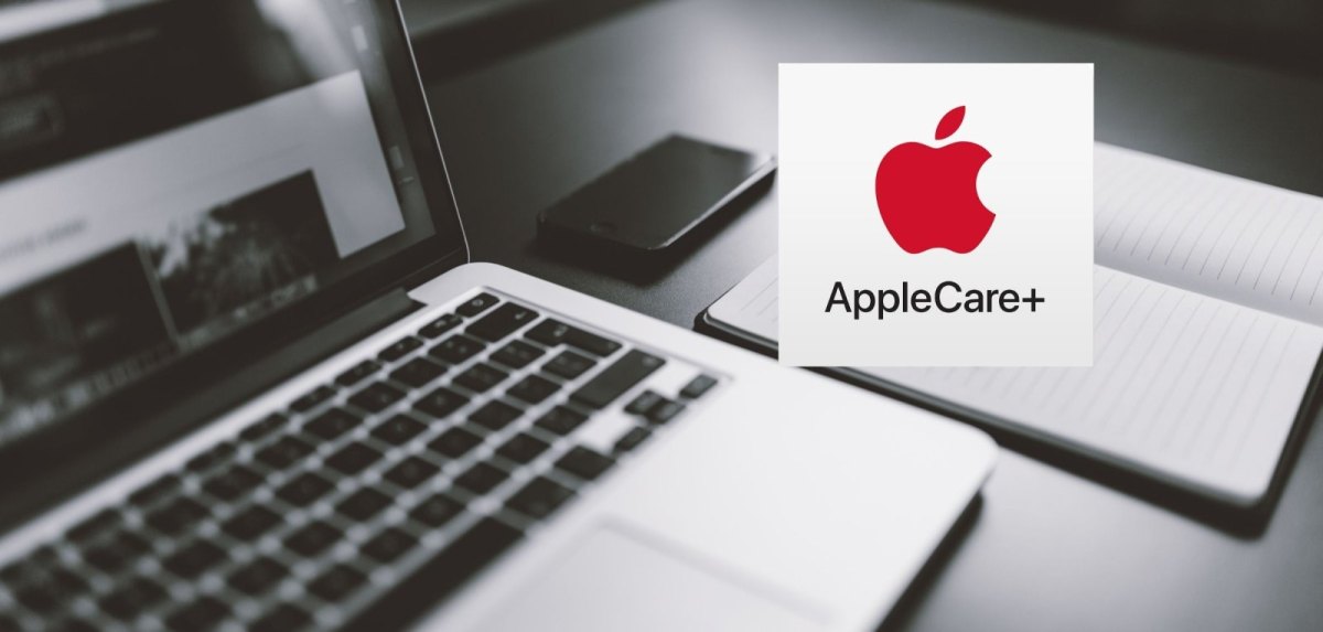 Apple Care +-Logo und ein Macbook