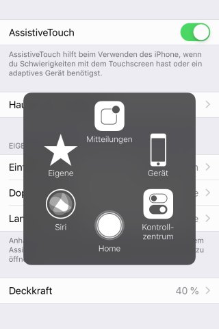 Mit AssistiveTouch bekommst du ein kleines Menü für Kurzbefehle.