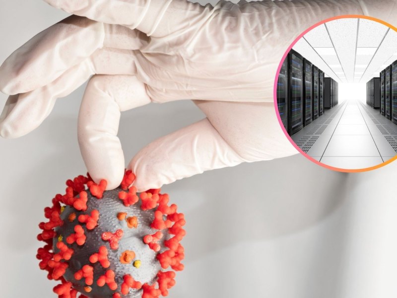 Coronavirus in einer Hand und ein Supercomputer