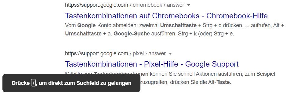 Die Google-Suche weist fehlerhaft auf den Schrägstrich/ die Slash-Taste hin.