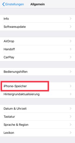 Verwalte deinen internen iPhone-Speicher, indem du die "Einstellungen" öffnest, auf "Allgemein" tippst und anschließend die Option "iPhone Speicher" auswählst.