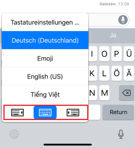 Einhändig schreiben ist kein Problem: Tipp bei deiner Tastatur ganz unten links auf das Globus-Symbol und öffne im unteren Bereich die Tastatur für Linkshänder oder Rechtshänder.