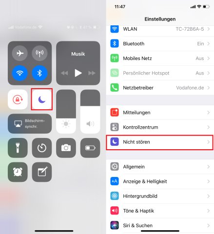 "Nicht-stören" aktiviert ihr in den iPhone-Einstellungen oder in der Schnellauswahl des Kontrollzentrums.
