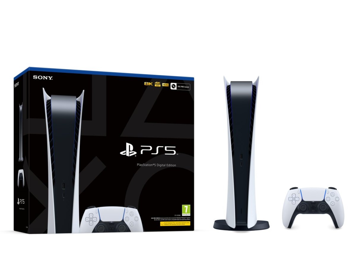 PlayStation 5 Digital Edition mit DualSense und Verpackung