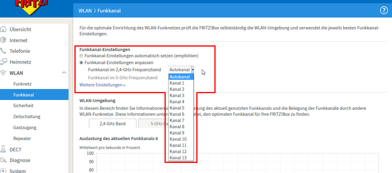 Bei der Fritzbox ändert ihr den WLAN-Kanal über die Benutzeroberfläche im Browser.