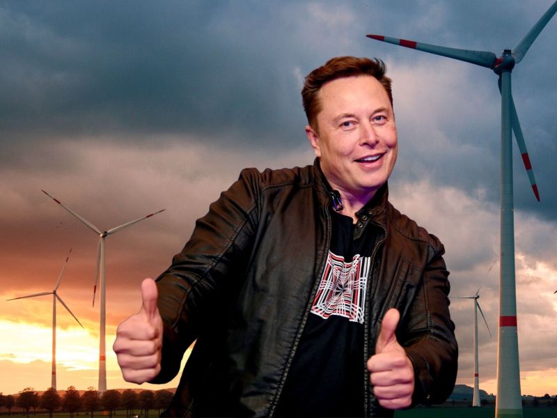 Elon Musk vor Windrädern