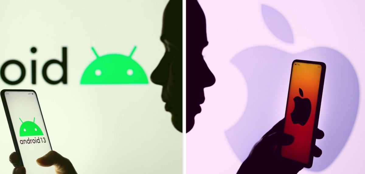 Android- neben Apple-Logo auf zwei Smartphones