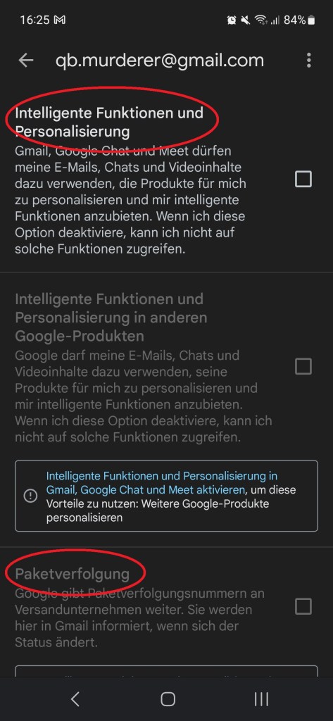 Screenshot von Gmail-Einstellungen auf einem Handy.