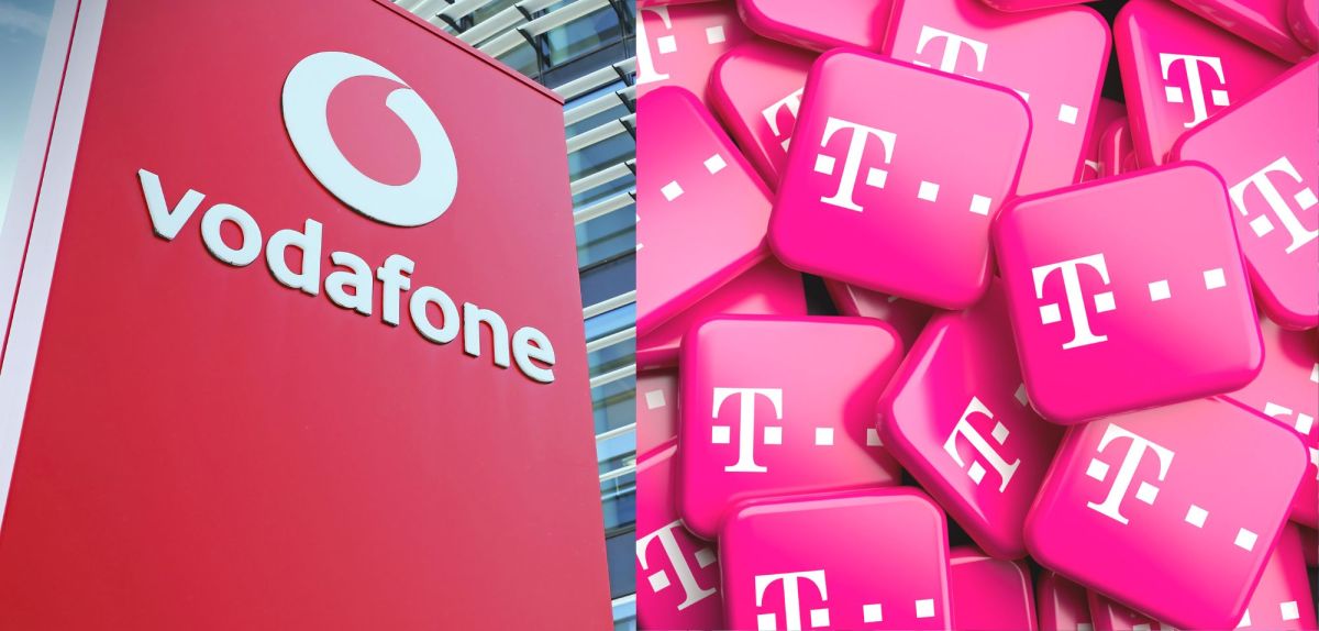 Vodafone, Telekom Logos nebeneinander (Collage)