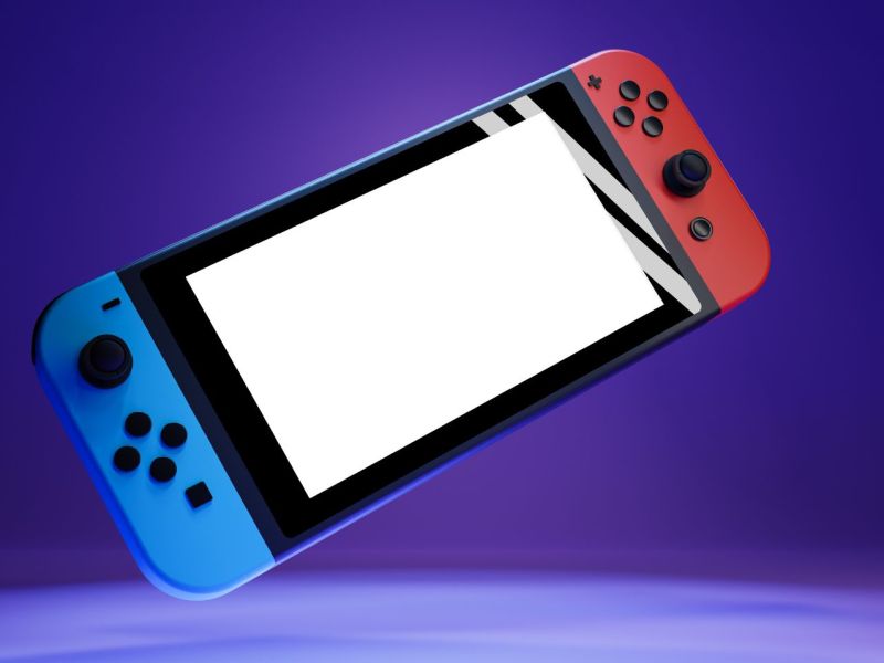 Grafische Darstellung einer Nintendo Switch vor lila Hintergrund.