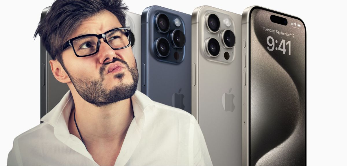 iPhone 15 Pro im Hintergrund. Vordergrund: grübelnder Mann