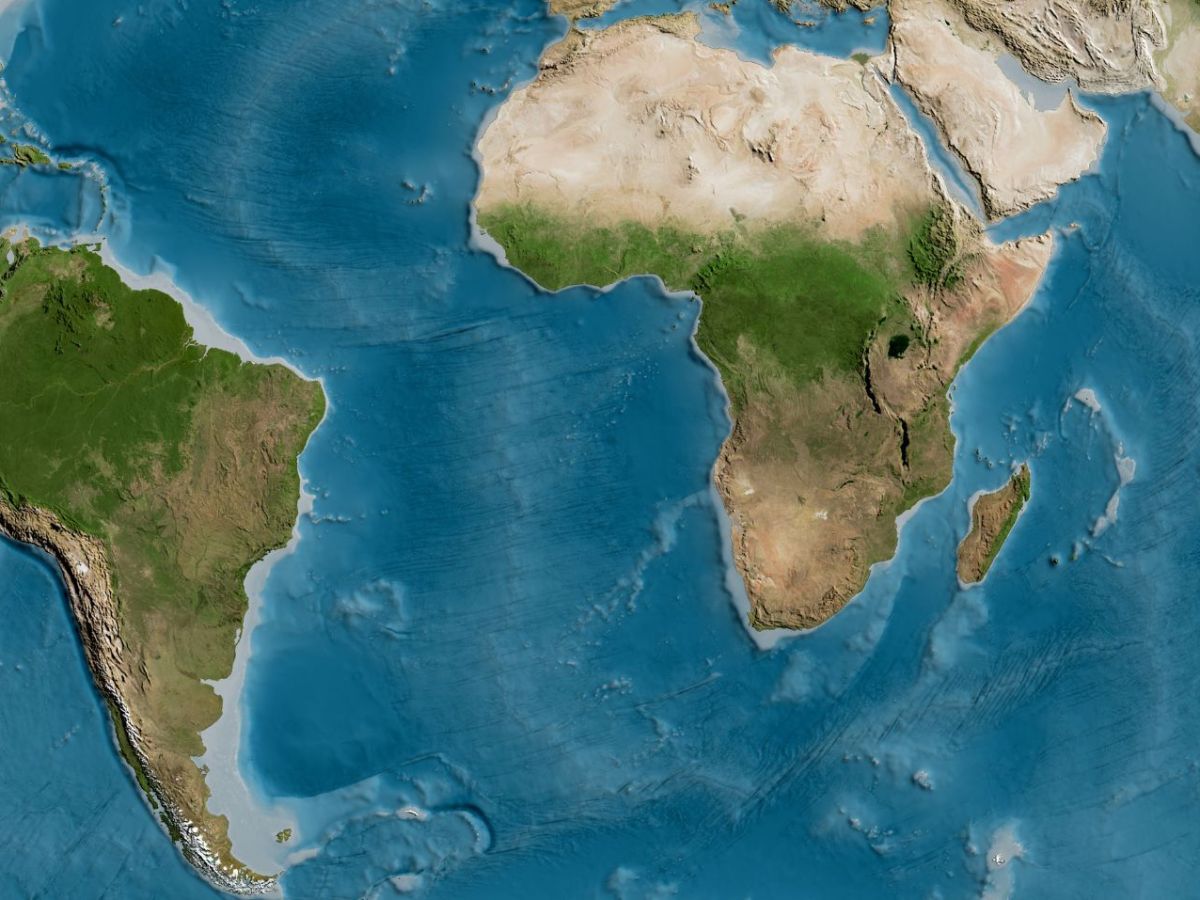 Weltkarte mit Fokus auf SÃ¼damerika und Afrika