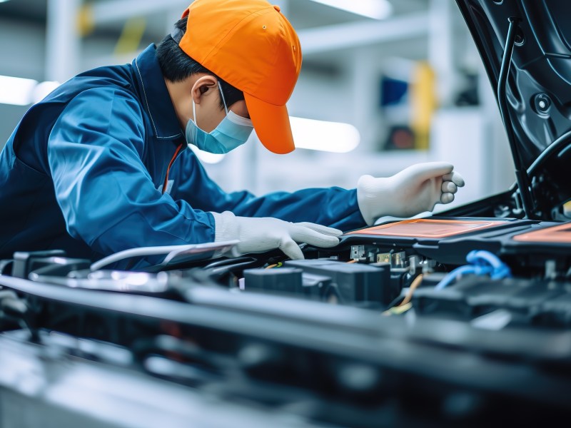 Person arbeitet an einem Elektroauto