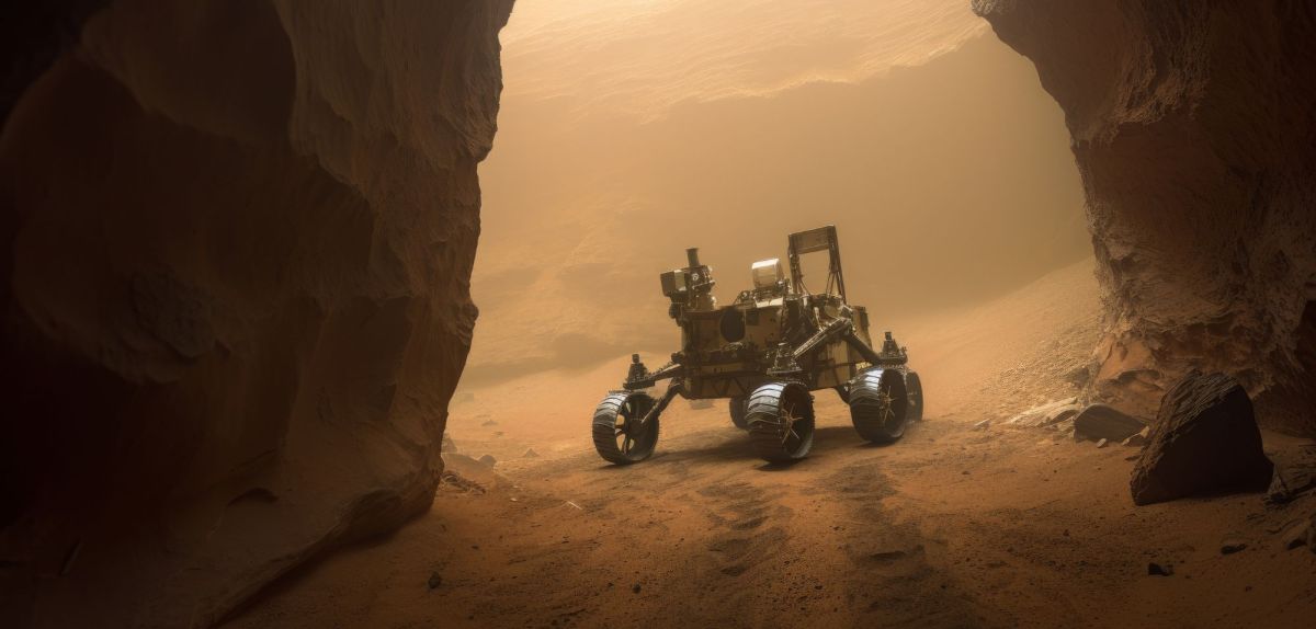 Mars-Rover vor einer Höhle