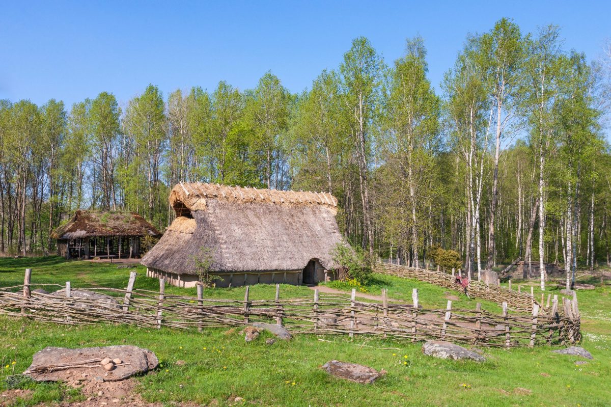 Ein Langhaus in einem bronzezeitlichen Dorf.