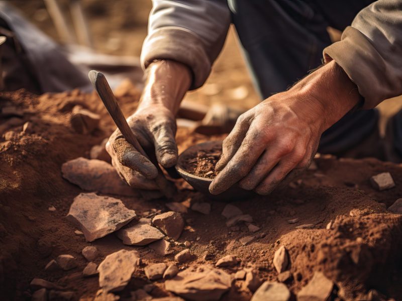 Der archäologische Fund einer Scherbe im Staub.