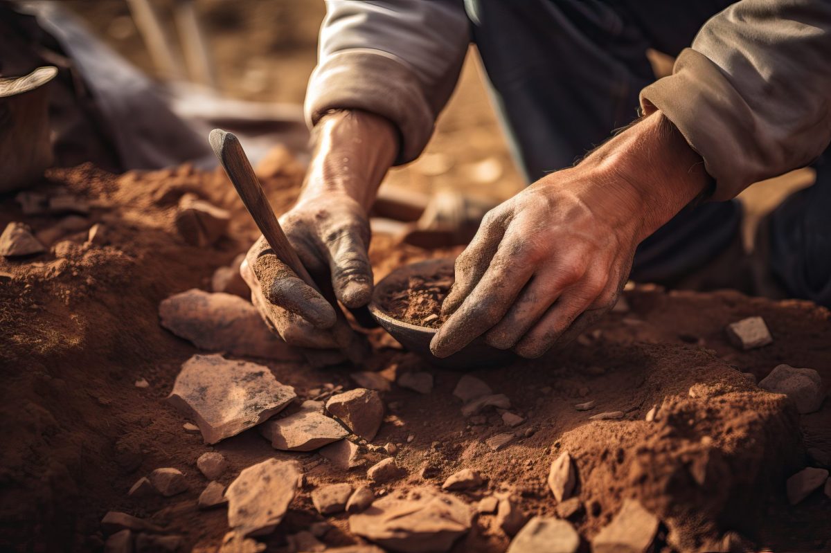 Der archäologische Fund einer Scherbe im Staub.