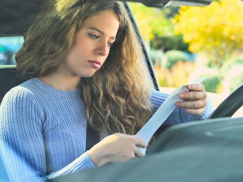 Frau im Auto schaut unglücklich auf einen Strafzettel.