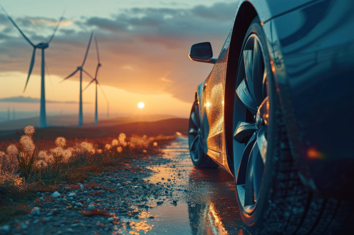 Elektroauto auf einer Landstraße mit Windrädern