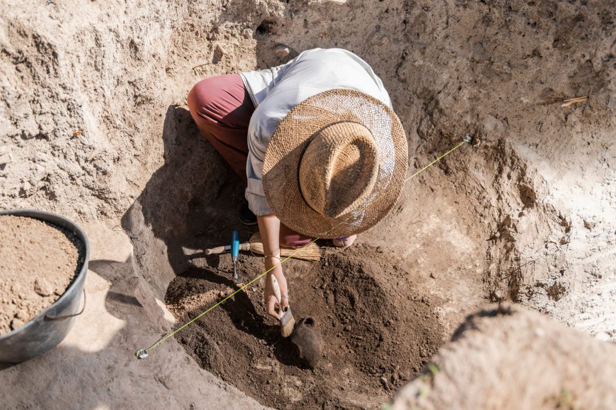 Person arbeitet mit Pinsel an einem archÃ¤ologischen Fund.