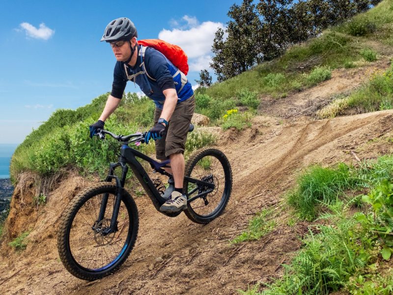 Mann fährt auf Trekking-E-Bike einen Berg herunter.