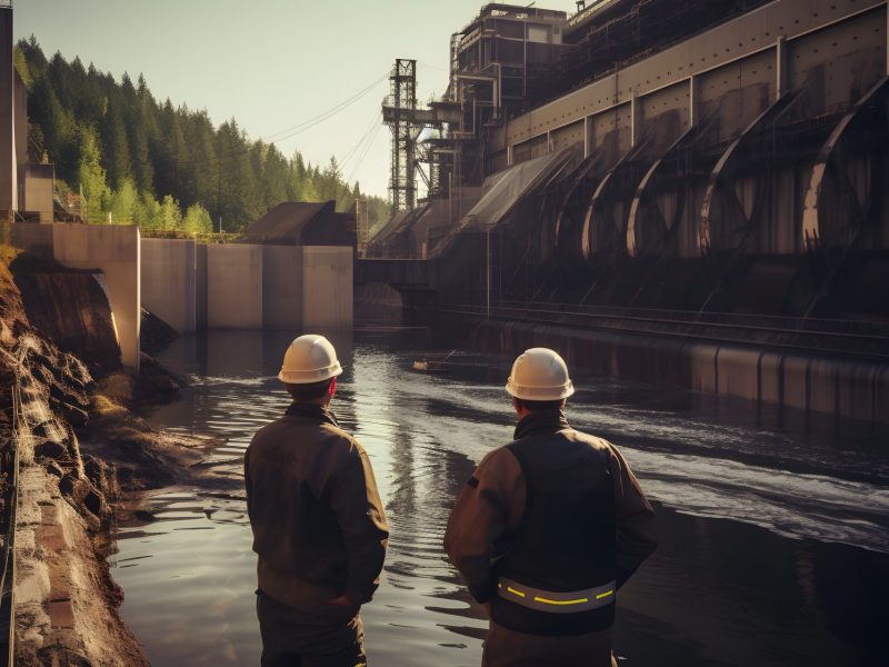 Zwei Personen stehen vor einem Wasserkraftwerk