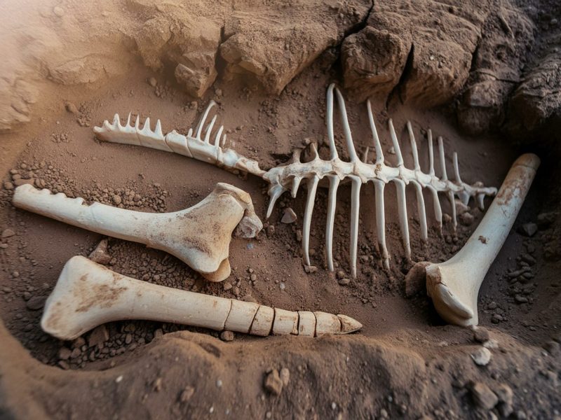 Knochen liegen in einer archäologischen Ausgrabungsstätte.