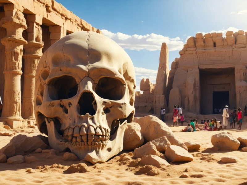 Eine Totenschädel liegt im Sand vor alten ägyptischen Tempeln.