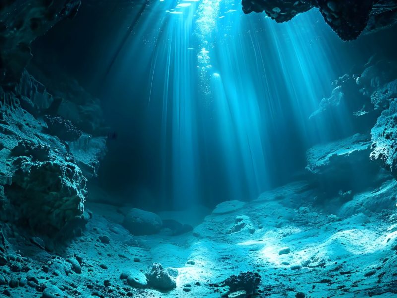 Sonnenstrahlen fallen in eine Höhle auf dem Meeresboden.