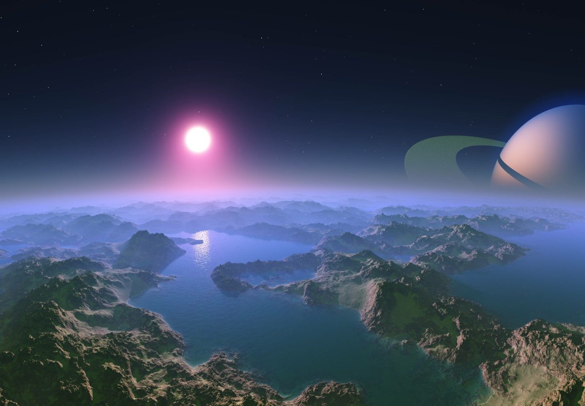 3D-Render eines Panoramas vom Saturnmond Titan.