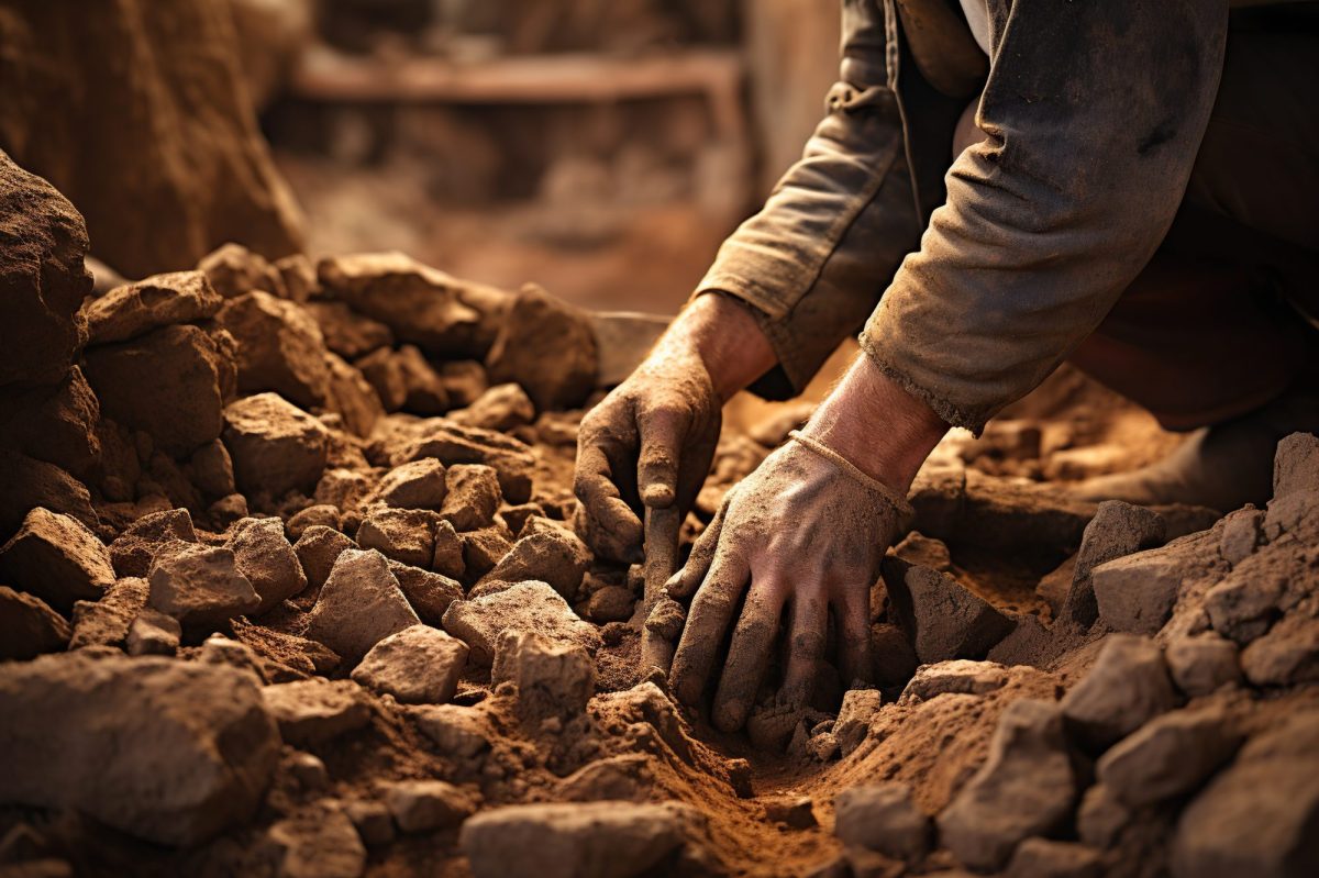 Mann arbeitet an einem archäologischen Fund.