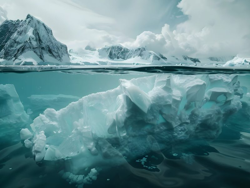 KI-generiertes Bild von Eisformationen über und unter dem Wasser.