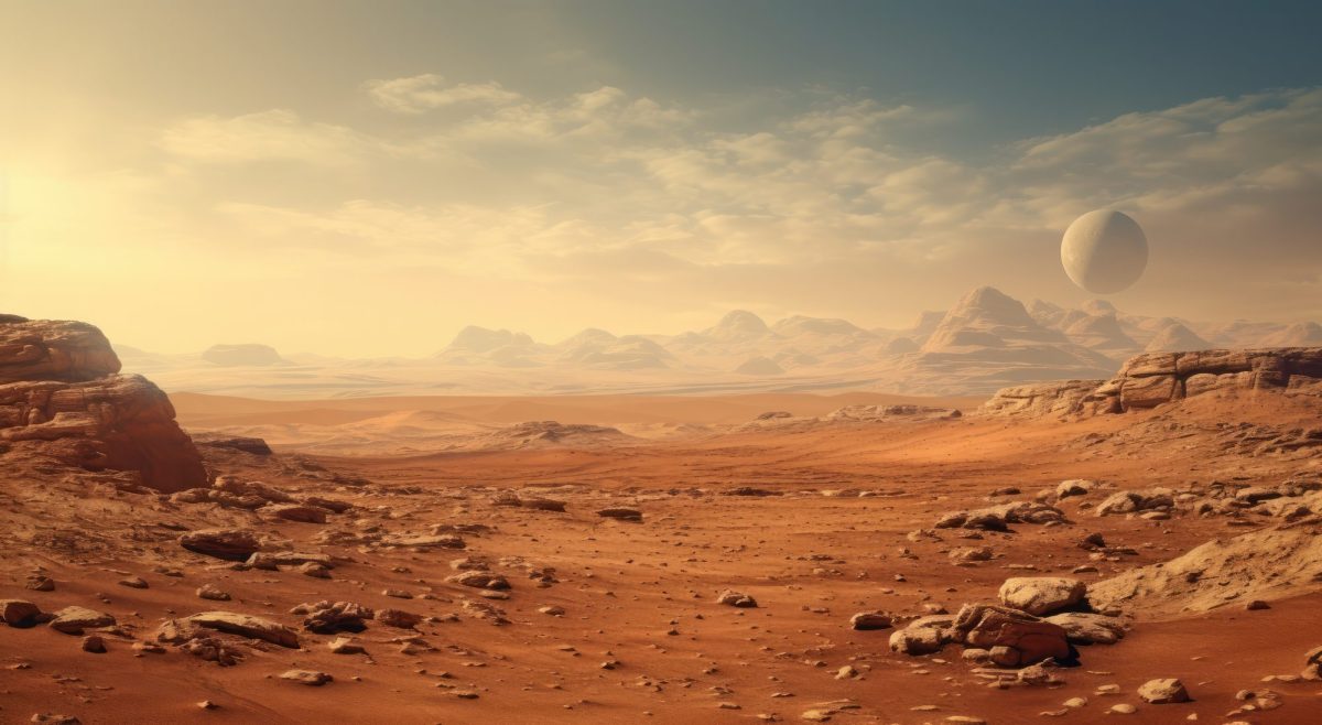 Ansicht einer Mars-Landschaft mit Geröll.