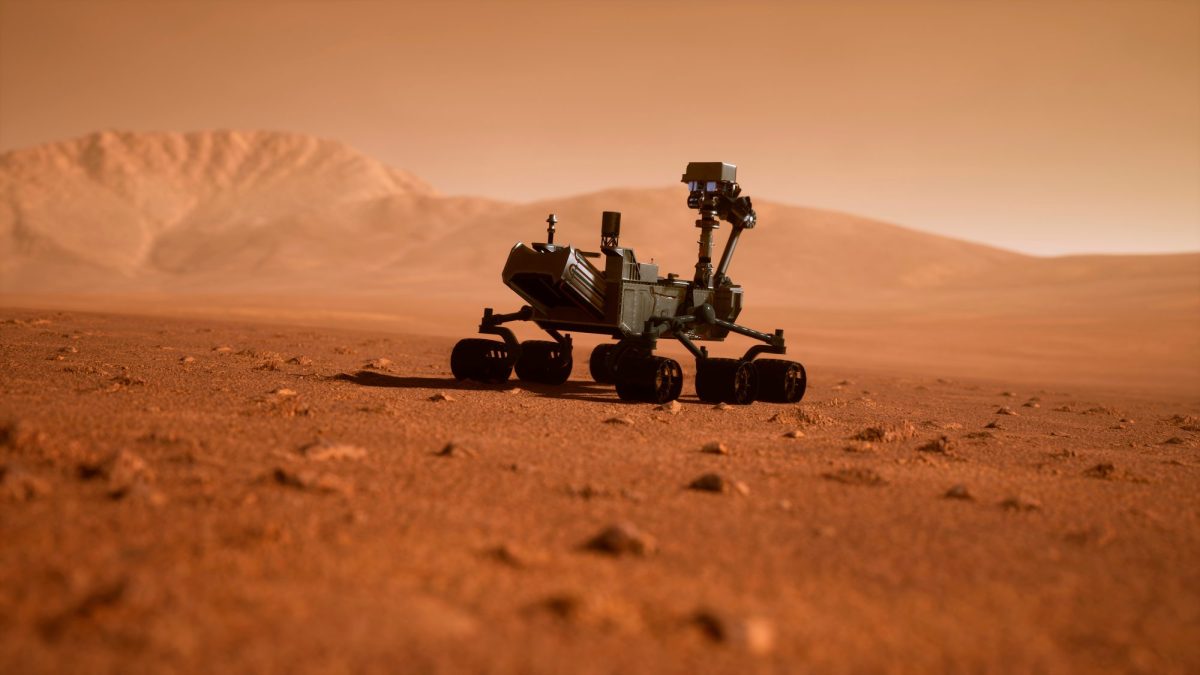 3D-Rendering des Curiosity-Rovers auf dem Mars.