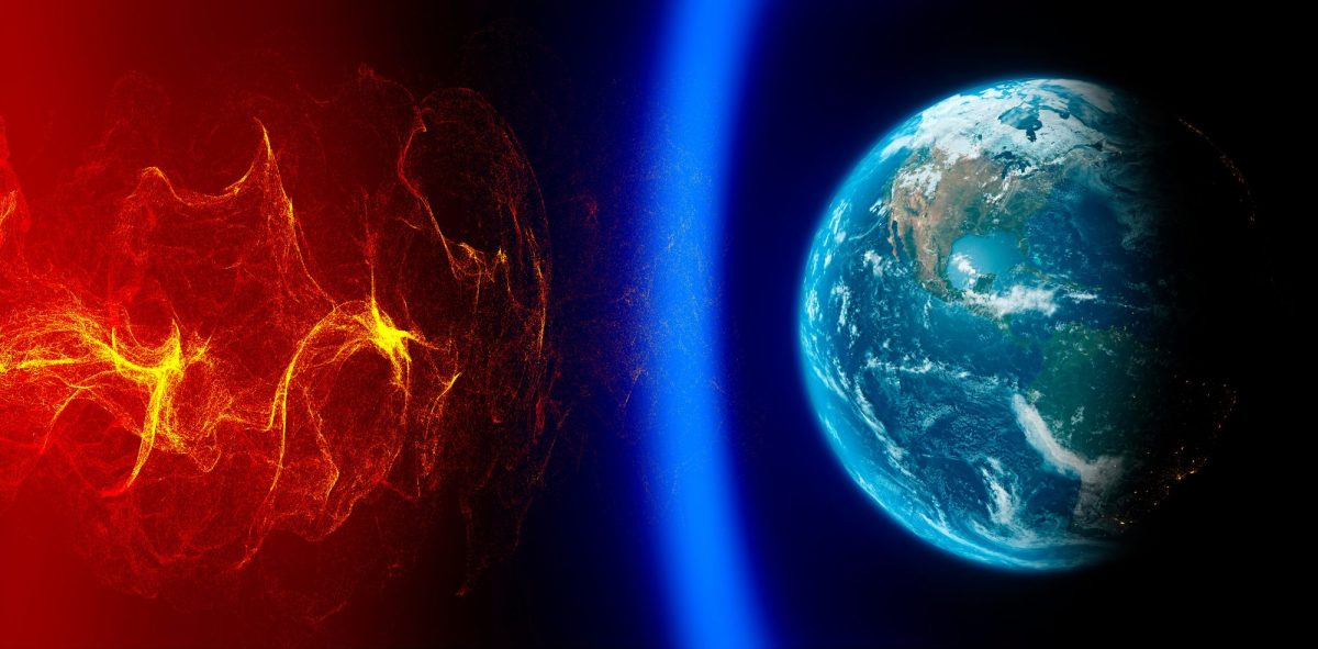 Illustration eines Sonnensturms der das Magnetfeld der Erde trifft.