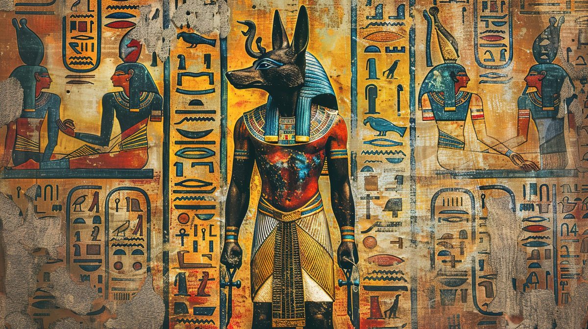 KI-generiertes Bild einer Wand mit ägyptischen Darstellungen von Pharaonen und Hieroglyphen.