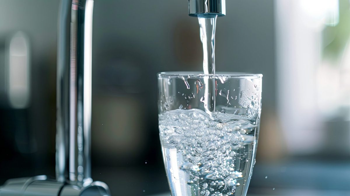 Wasser läuft aus einem Wasserhahn in ein Glas.