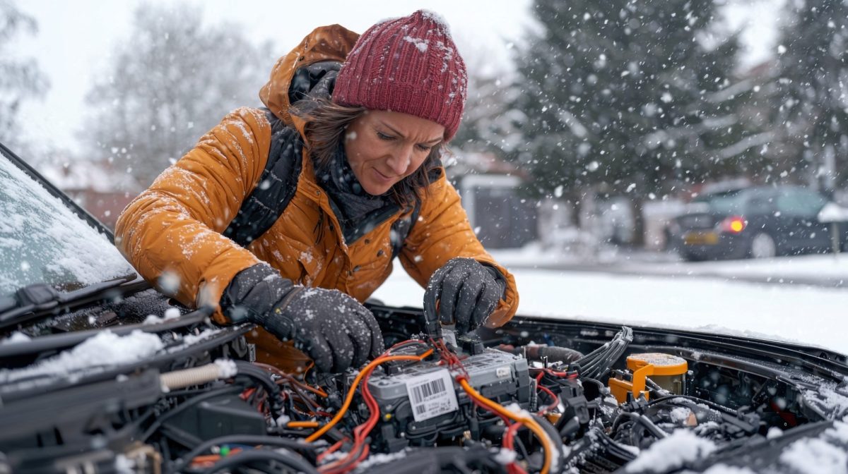 KI-generiertes Bild einer Frau, die sich über die geöffnete Motorhaube eines Autos beugt und die Batterie überprüft. Währenddessen schneit es.