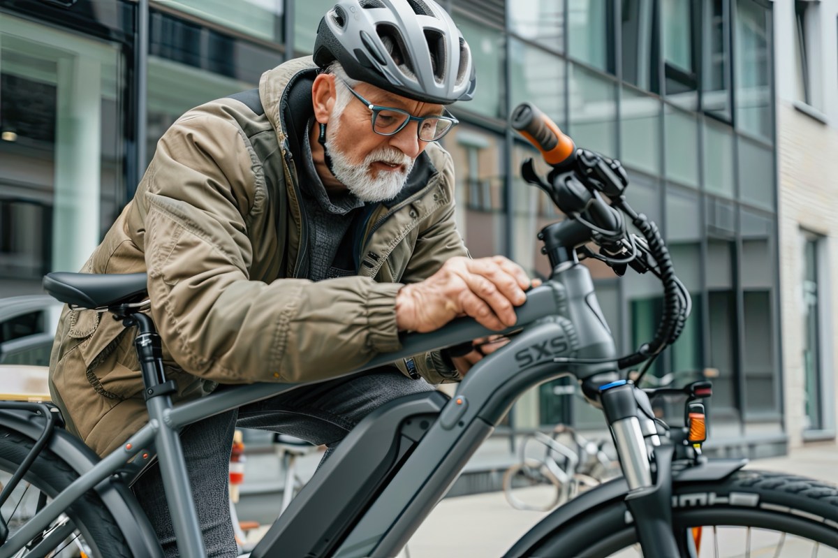 Älterer Mann bearbeitet sein E-Bike