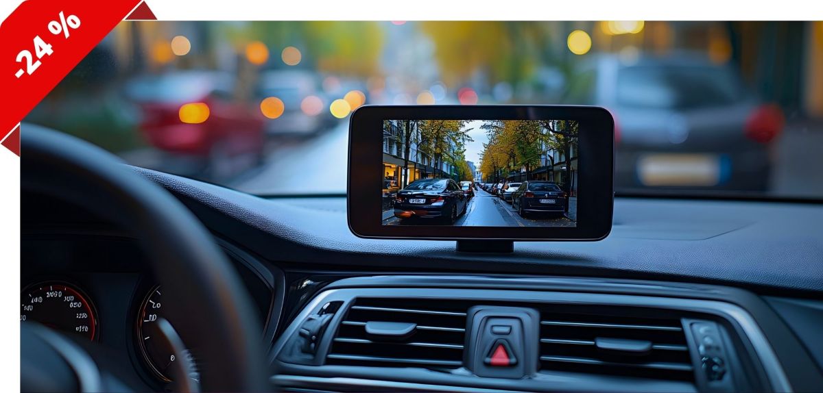 KI-generiertes Bild eines Monitors einer Rückfahrkamera auf einem Armaturenbrett eines Autos.