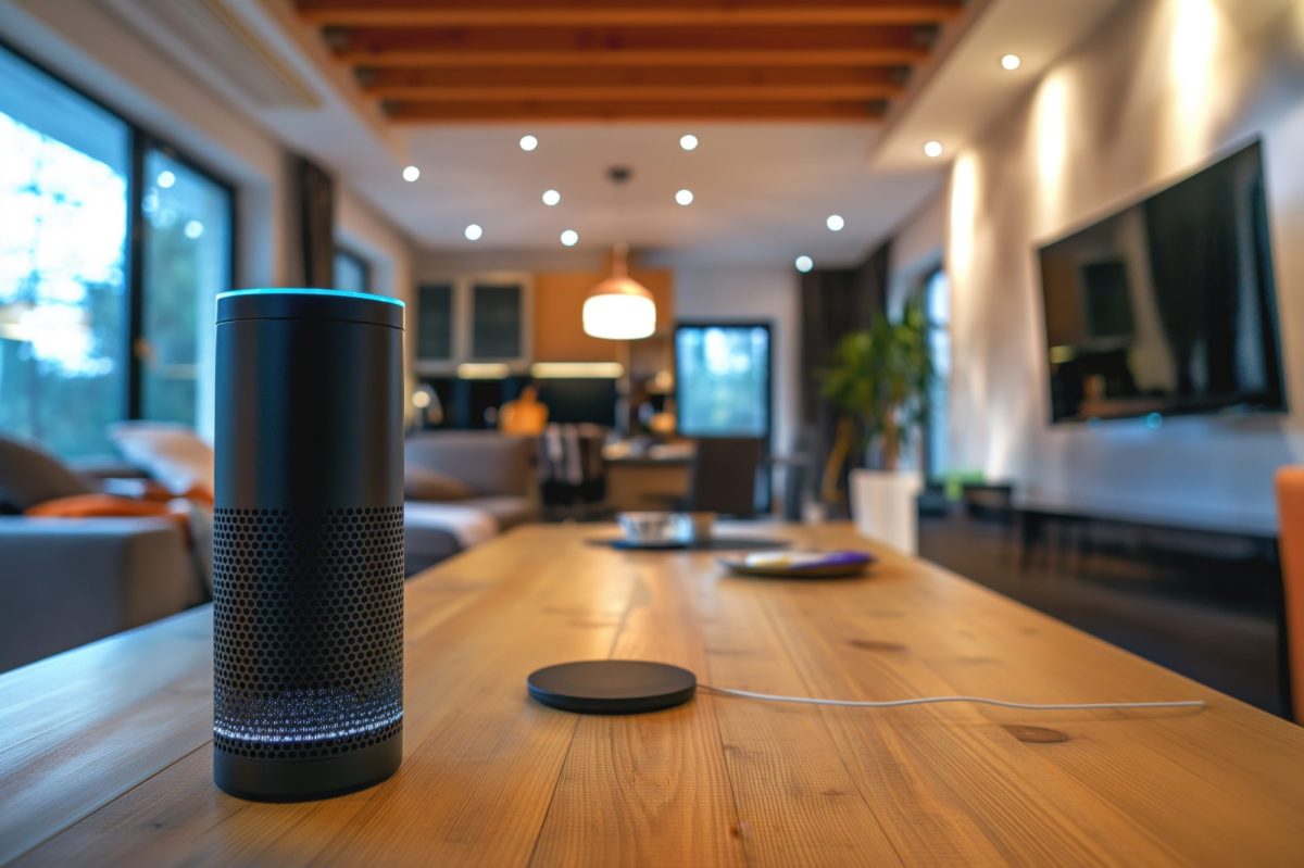 Alexa Amazon Echo Smart Speaker mit Glühbirnen im Hintergrund.