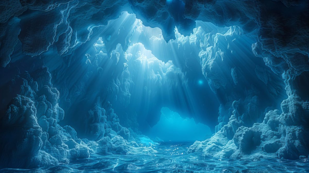 KI-generiertes Bild einer Höhle unter Wasser und Eis