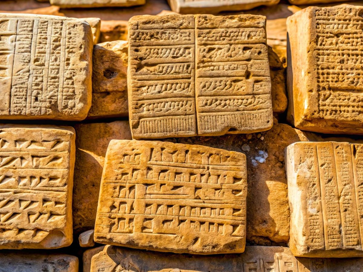 Antike Tafeln mit verblasster Keilschrift in archäologischer Ausgrabungsstätte gefunden (KI-generiert)