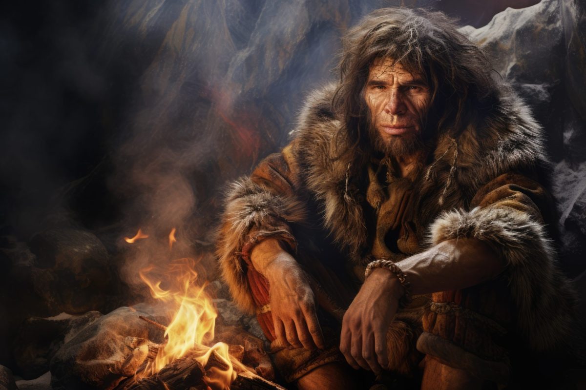 KI-generiertes Bild eines Neandertalers in einer Höhle neben einem Feuer.