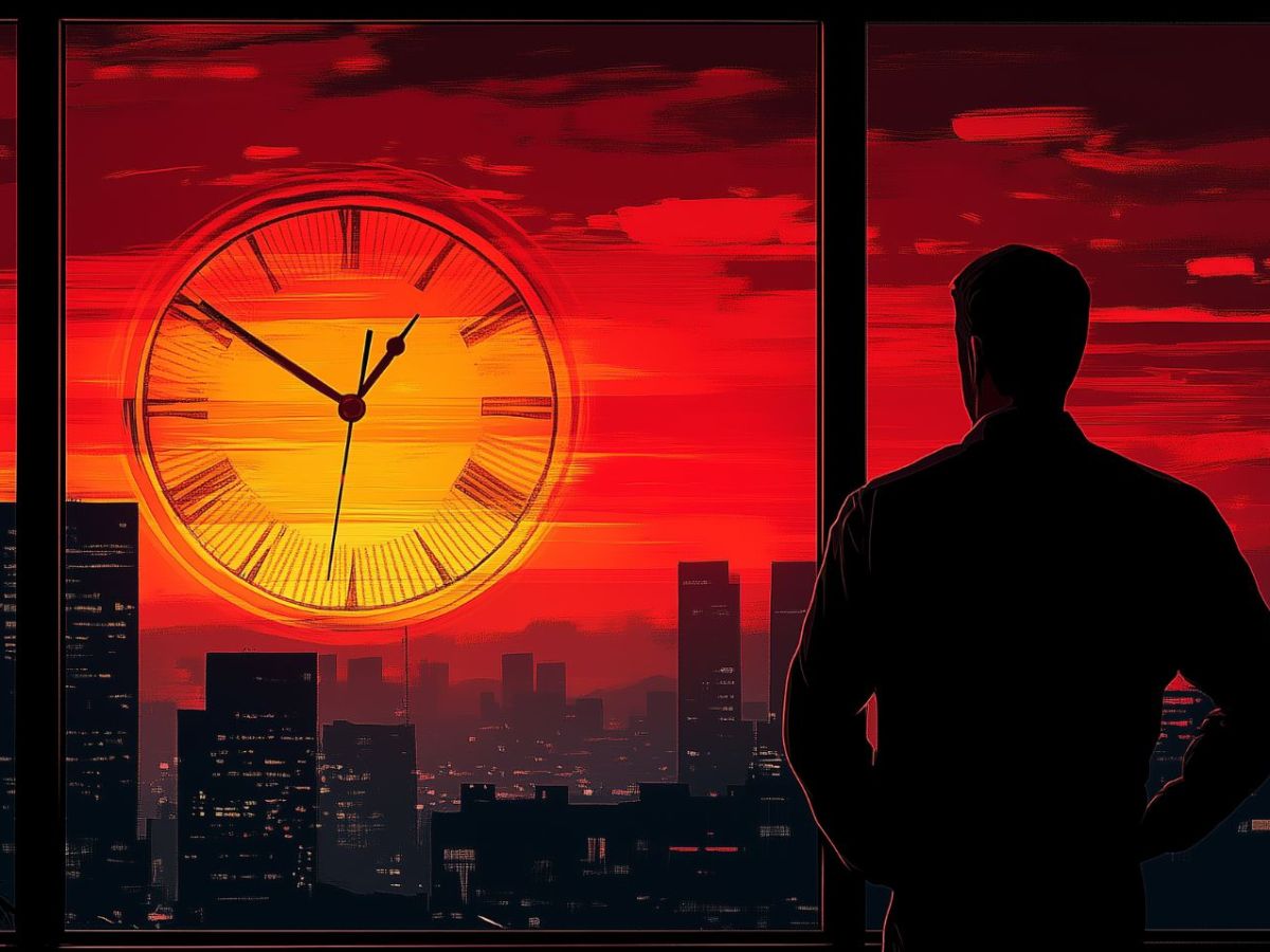 Ein Mann sieht aus dem Fenster auf eine riesige Uhr im Himmel.